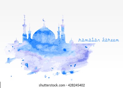 Silhueta de mesquita com minaretes em fundo aquarela. Conceito para feriado islâmico muçulmano para celebração mês sagrado do Ramadan Kareem. Cartão para Ramadan Kareem