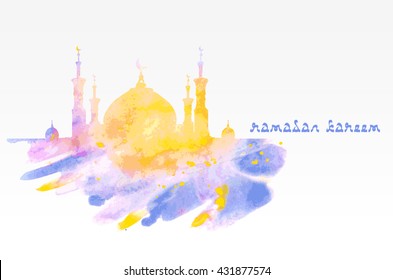 Silhouette of mosque with minarets on watercolor background. Concept for Islamic Muslim holiday for celebration holy month of Ramadan Kareem. Greeting card for Ramadan Kareem
