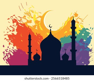 Silhouette of a mosque with minarets under a crescent moon, set against a vibrant abstract colorful background. Perfect for Islamic festivals, celebrations, and art