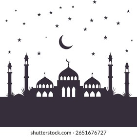 Uma silhueta de uma mesquita com minaretes sob uma lua crescente e estrelas dispersas. Ele evoca um senso de paz e espiritualidade, perfeito para cartões Ramadã ou Eid.