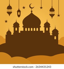 Silhouette of a mosque at night with a crescent moon, stars and lamps. Free space for your text. Vector illustration