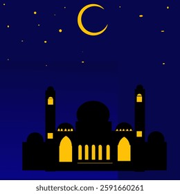 Silhouette of a mosque at night with crescent moonlight and twinkling stars in the month of Ramadan