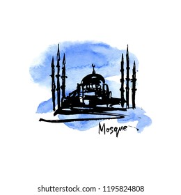 Silhouette of a mosque on background the blue sky.