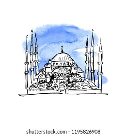 Silhouette of a mosque on background the blue sky. Ink illustration.