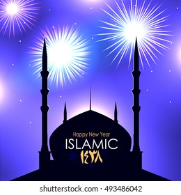 silhouette of a mosque on the background fireworks in the sky on festive night, happy new year for all Muslim communities