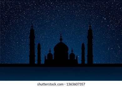 Silhouette mosque on starry night sky with blue glow. Shining stars on the dark sky. Arab night. Modern arabic banner, background, card, backdrop. Dome of mosque arabic month. Traditional holiday.