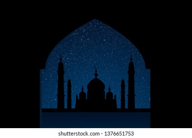 Silhouette mosque on starry night sky with blue glow. Shining stars on the dark sky. Arab night. Modern arabic banner, background, card, backdrop. Dome of mosque arabic month. Traditional holiday.