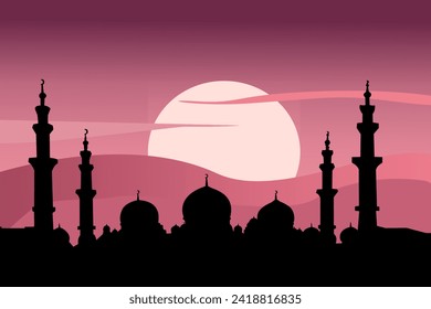 Silhouette of mosque on sunset background. Vector Illustration.
