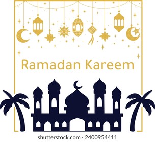 Silhouette of mosque and palm with hanging arabic lantern ornament, Golden luxury elegant. Ramadan Kareem, Eid, Mubarak Concept. Vector illustration