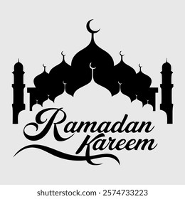 A silhouette of a mosque with Ramadan Kareem typography, multiple domes, minarets and a crescent moon symbol