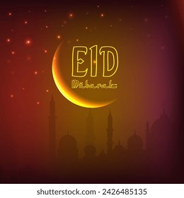 Silhouette Mosque with Shiny Crescent Moon During Muslim Community Festival of Eid Mubarak.