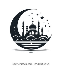 Silhouette of A mosque sitting on a crescent moon vector illustration