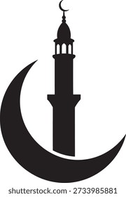 A silhouette of a mosque tower with a crescent moon on top isolated on transparent background
