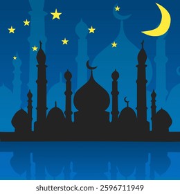 Silhouette of mosque under bright moon and stars
