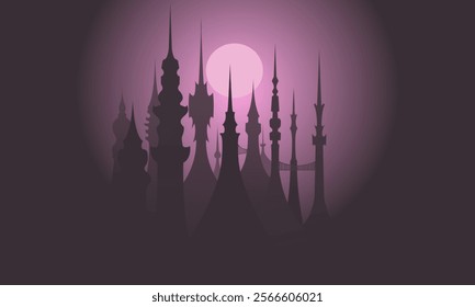 
silhouette of mosques against the night sky. Mosques with architectural elements. peaceful and spiritual scene. Dark background with low lighting, creating a serene and calm image