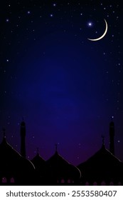 Silhouette Mosques dome on night sky with Crescent moon and stars,Vector greeting card with copy space for Islamic religion Ramadan Kareem,Eid Mubarak, Eid Al Adha, Eid Al Fitr