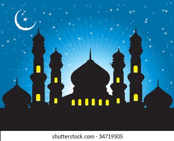 silhouette of mosques in the moon night, wallpaper