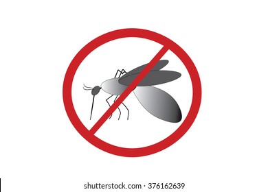 Silhouette of mosquito in red circle with slash to represent eradication or removal.