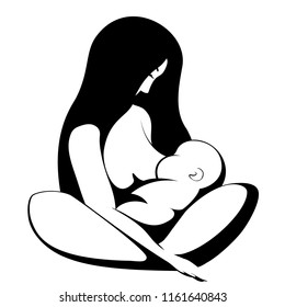 Silhouette Mother And Baby During Breastfeeding Process Vector. Black And White. 