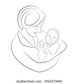 Silhouette of mother and baby. Happy mommy holds her baby in her arms. Woman bowed her head over child and looks at him. Happy Mothers Day flyer, banner or poster. Vector hand drawing black and white.