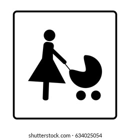 Silhouette mother and baby in stroller in black square. Icon carriage infant. Signboard motherhood and love of child. Template for banner and mark. Flat design image element. Vector illustration.