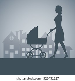 silhouette mother with carriage baby walking neighborhood background