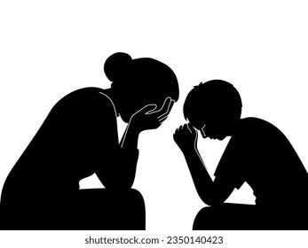 Silhouette of a mother and child boy do hands covering face with sad emotion, mental health concept.	