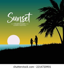 Silhouette of mother and child enjoying the sunset on the beach. Vector illustration.