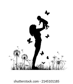 Silhouette mother with a child in her arms in nature. Vector illustration. Mother's Day