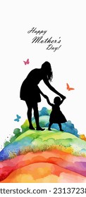 Silhouette of a mother with a child in her arms. Happy Mother's Day. Rainbow background. Vector illustration