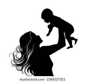 Silhouette of a mother with a child in her arms. Vector illustration. Mother's Day. hand drawing. Not AI