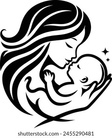 Silhouette mother with a child in her arms in nature. Vector illustration. Mother's Day