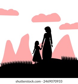 Silhouette of mother and child holding hands, children's day, mother's day
