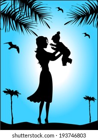 Silhouette of mother and child on a background of blue sky