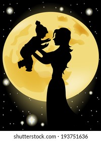 Silhouette of mother and child on the background of the moon 