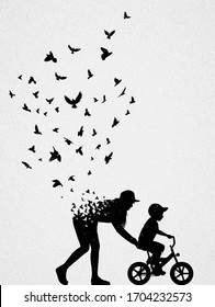 Silhouette Of Mother With Child On Bicycle. Conceptual Vector Illustration About Death And Rebirth. Sad Mystical Background For Design, Prints, Covers, T-shirts