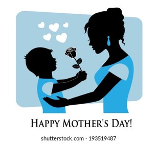 Silhouette of mother and child on a blue background with hearts. Boy gives a flower mom and mom hugs baby. 