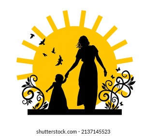 Silhouette of a mother with a child walking. Happy Mother's Day. Vector illustration