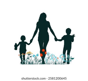 Silhouette of mother with children in nature. Mother's Day. hand drawn. Not AI, Vector illustration