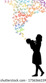 Silhouette of mother with daughter in her arms with butterflies. Vector illustration