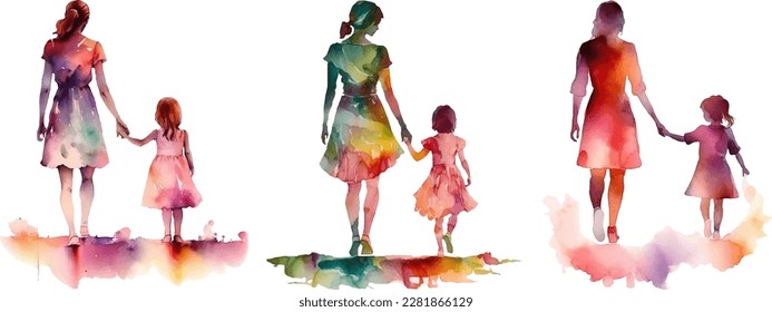 Silhouette Mother   Daughter Holding Hands Watercolor | Happy Mother's Day