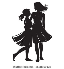a silhouette of a mother and daughter in matching dresses. the daughter is walking next to her mother who is standing still. black on white