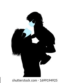 Silhouette mother with daughter in medical masks. Happy family in quarantine. Vector illustration