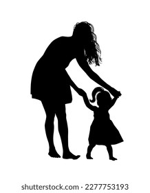 Silhouette of mother and daughter. Mom teaches the child to walk. Vector illustration