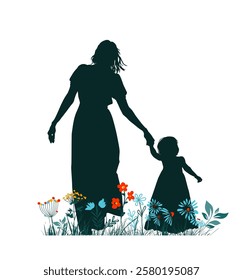 Silhouette of mother and daughter in nature. Mother's Day. hand drawn. Not AI, Vector illustration