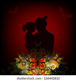 Silhouette of mother and daughter on a floral background. Vector