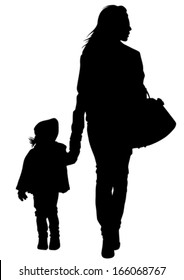 Silhouette of a mother and daughter on the walk. 