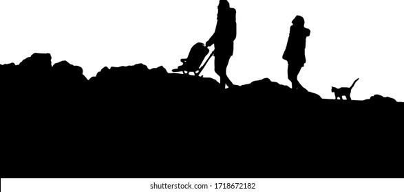 silhouette of mother, father and child in stroller with cat