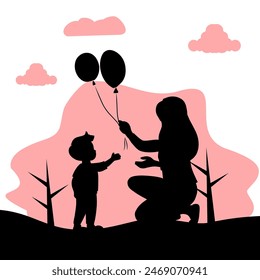 Silhouette of mother giving balloons to son, children's day, mother's day
