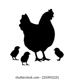 silhouette of Mother hen with cute baby chicks. poultry organic farm. organic farming. natural farming. vector illustration